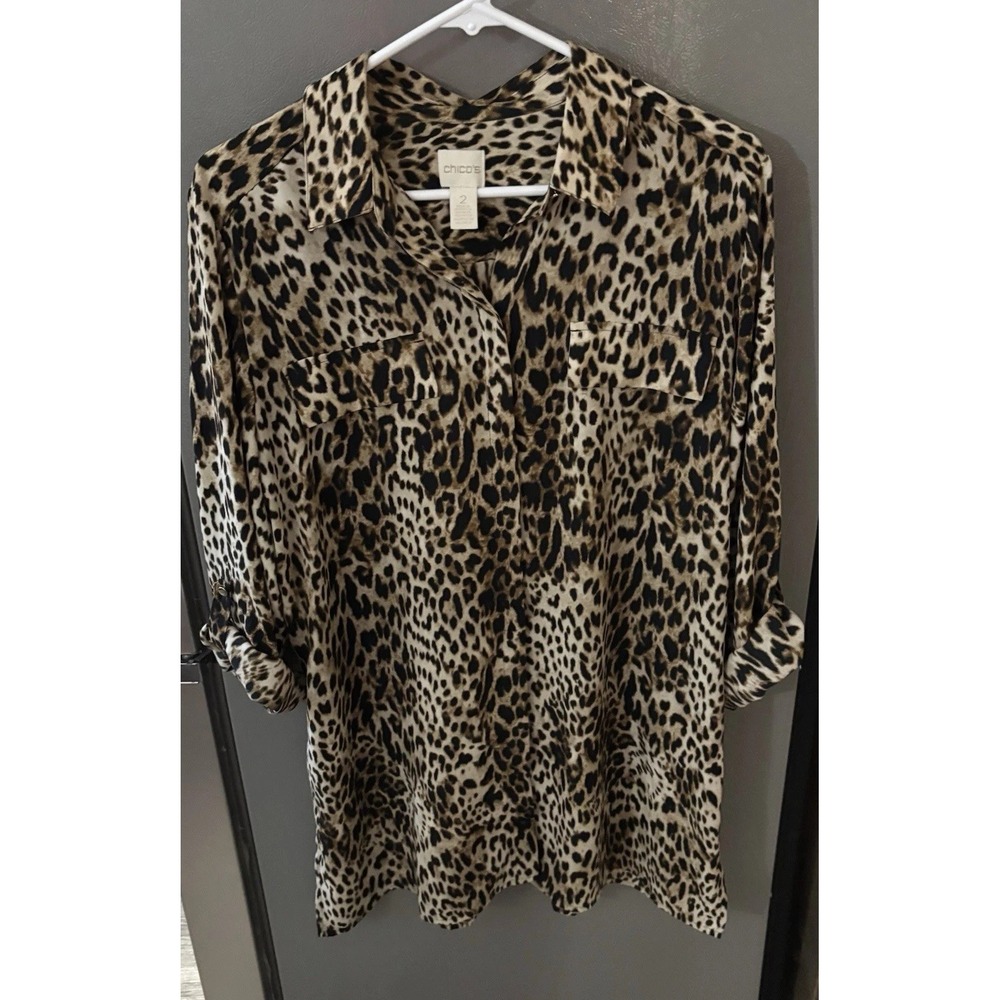Chico's‎ Leopard Animal Print Button Front Shirt Top Tunic Women's 2 Large